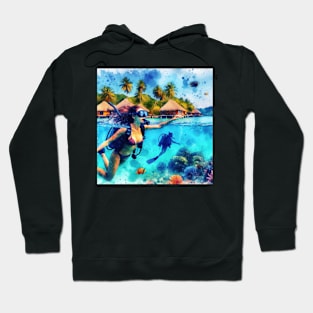 Artistic illustration of scuba divers in tropical waters Hoodie